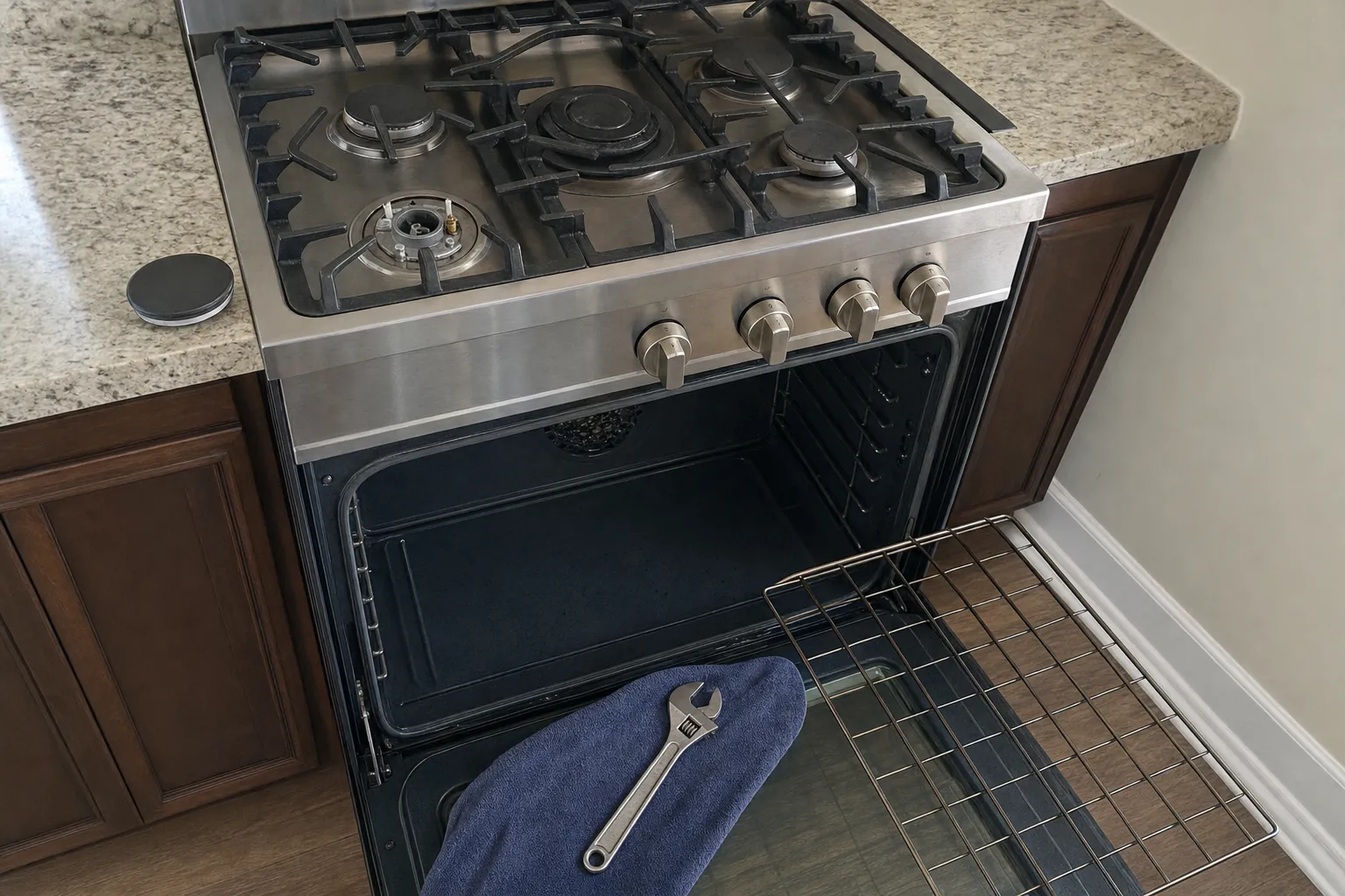Stainless gas range set into a dark wood run, one burner cap lifted off to expose the burner head, the oven door lowered and an adjustable wrench resting on a folded towel