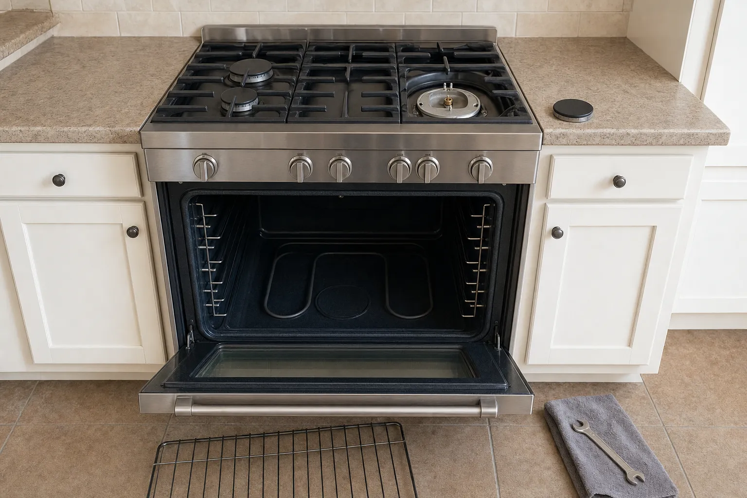 Stainless gas range between cream cabinets with the oven door lowered on a looped element across the cavity floor, the rack on the tiles and a wrench on a grey towel