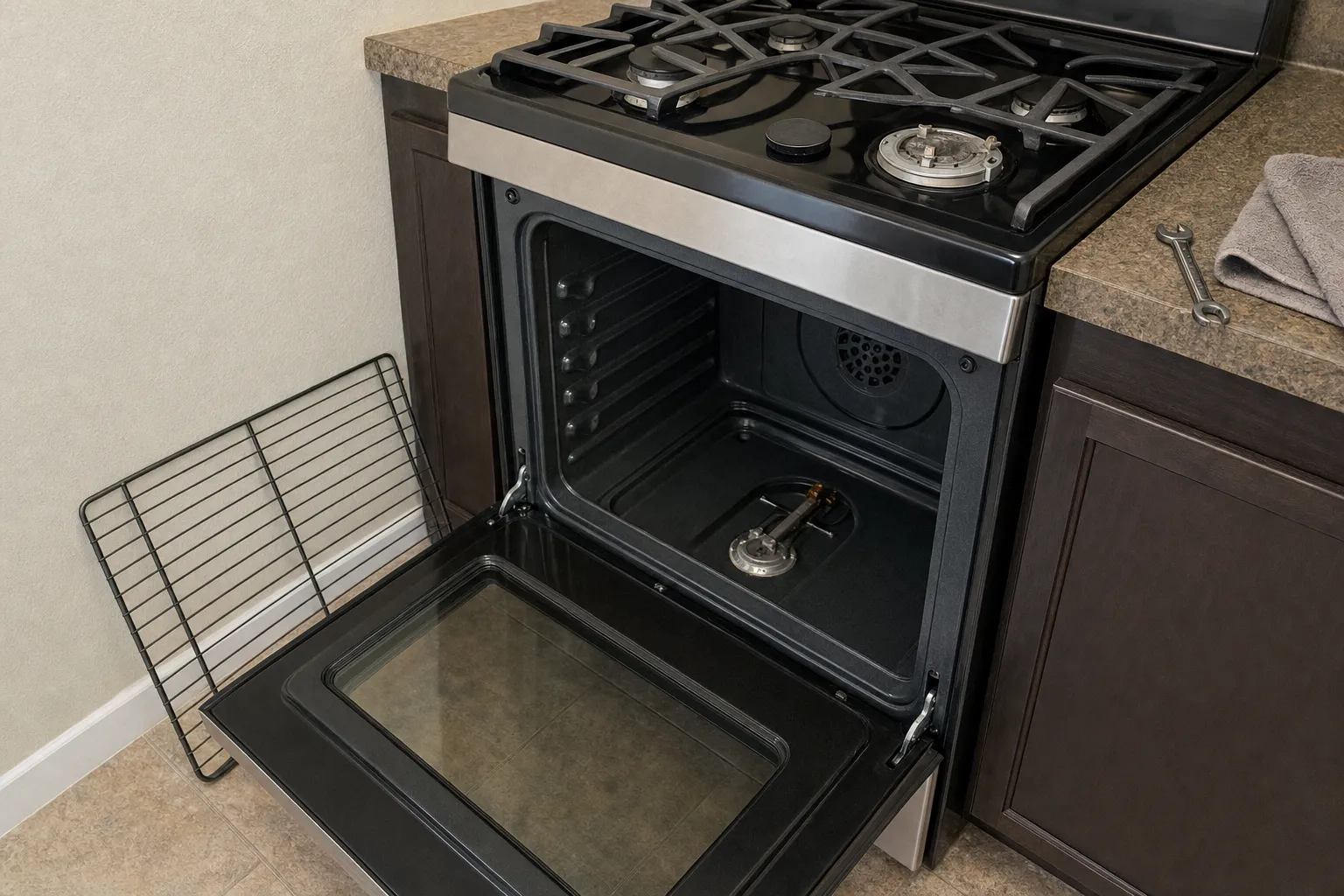 Gas range with the oven open and the convection fan cover visible at the back of the cavity, an oven rack leaning against the open door