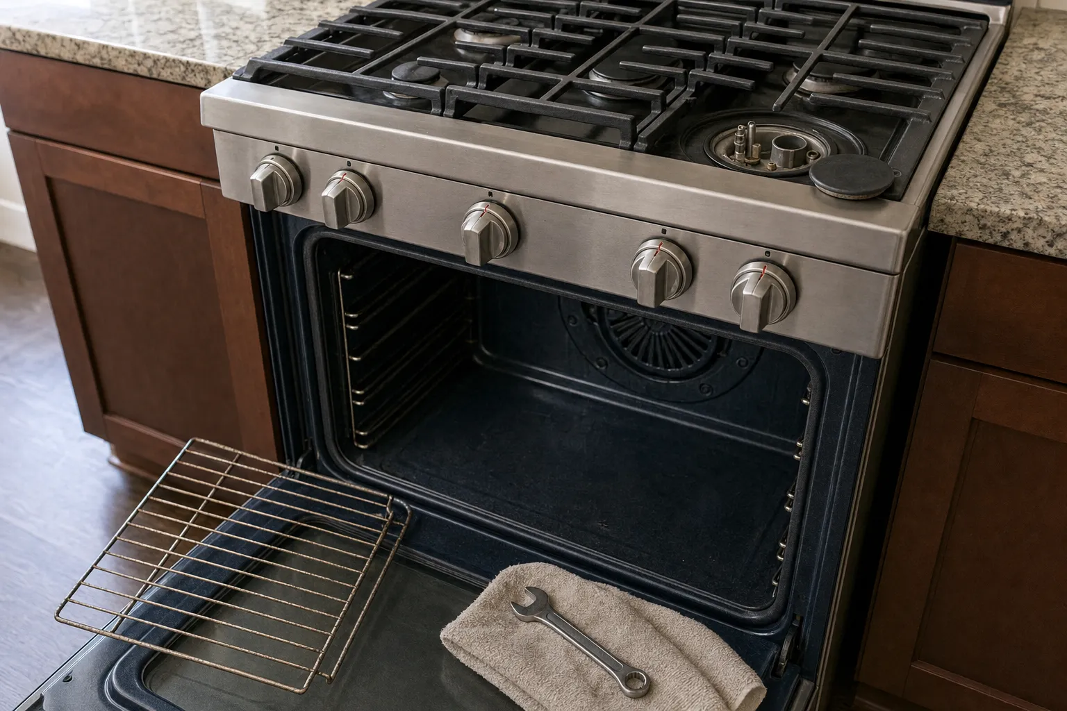 Stainless gas range in a dark wood kitchen with the oven door lowered, an oven rack on the floor and hand tools on a cloth alongside