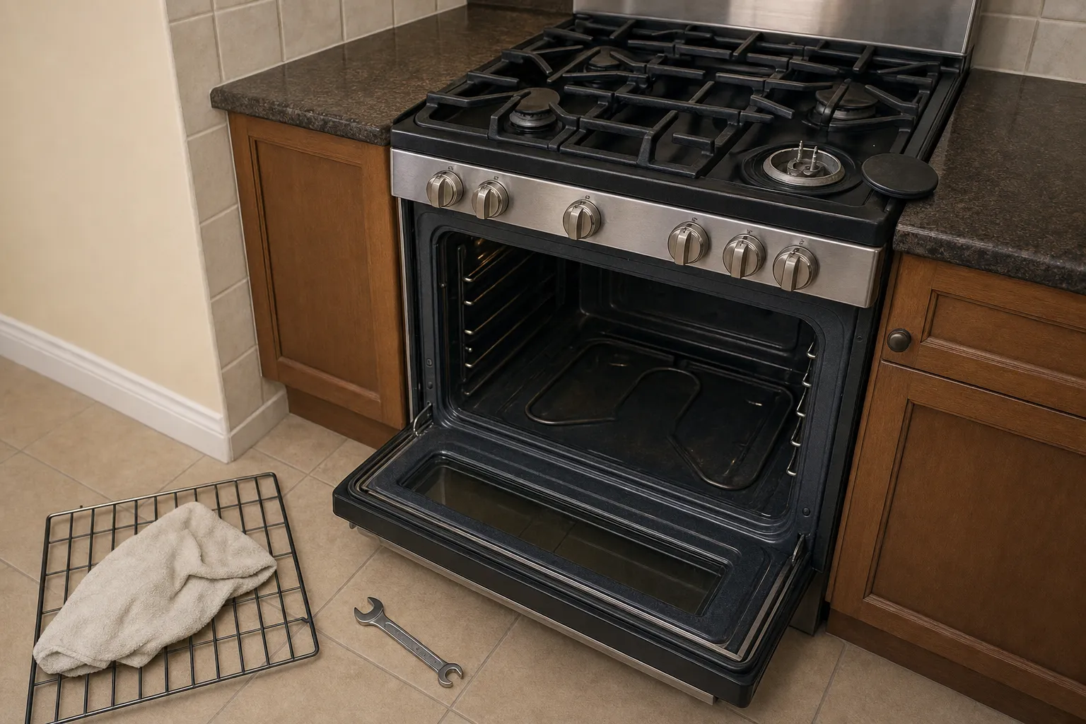 Gas range with the oven door lowered, an oven rack, a cloth and a wrench laid out together on the tiled floor in front of it