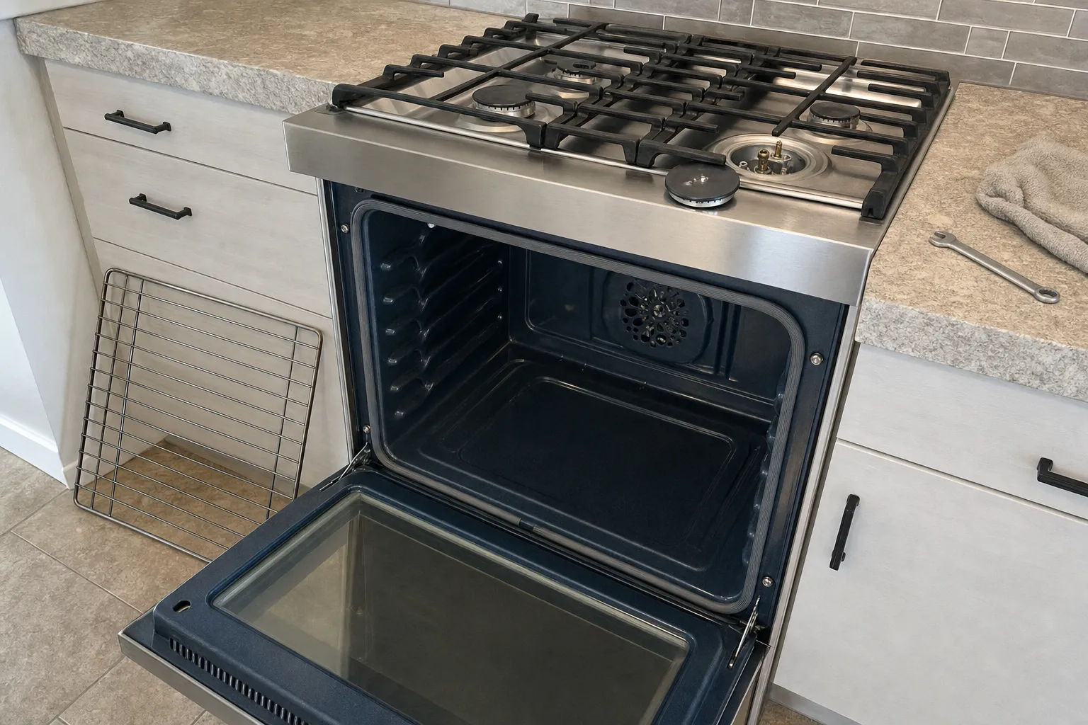 Gas range with the oven door lowered on an empty cavity and a round dark fan cover, the rack leaning against white drawers and a towel with a wrench on the counter