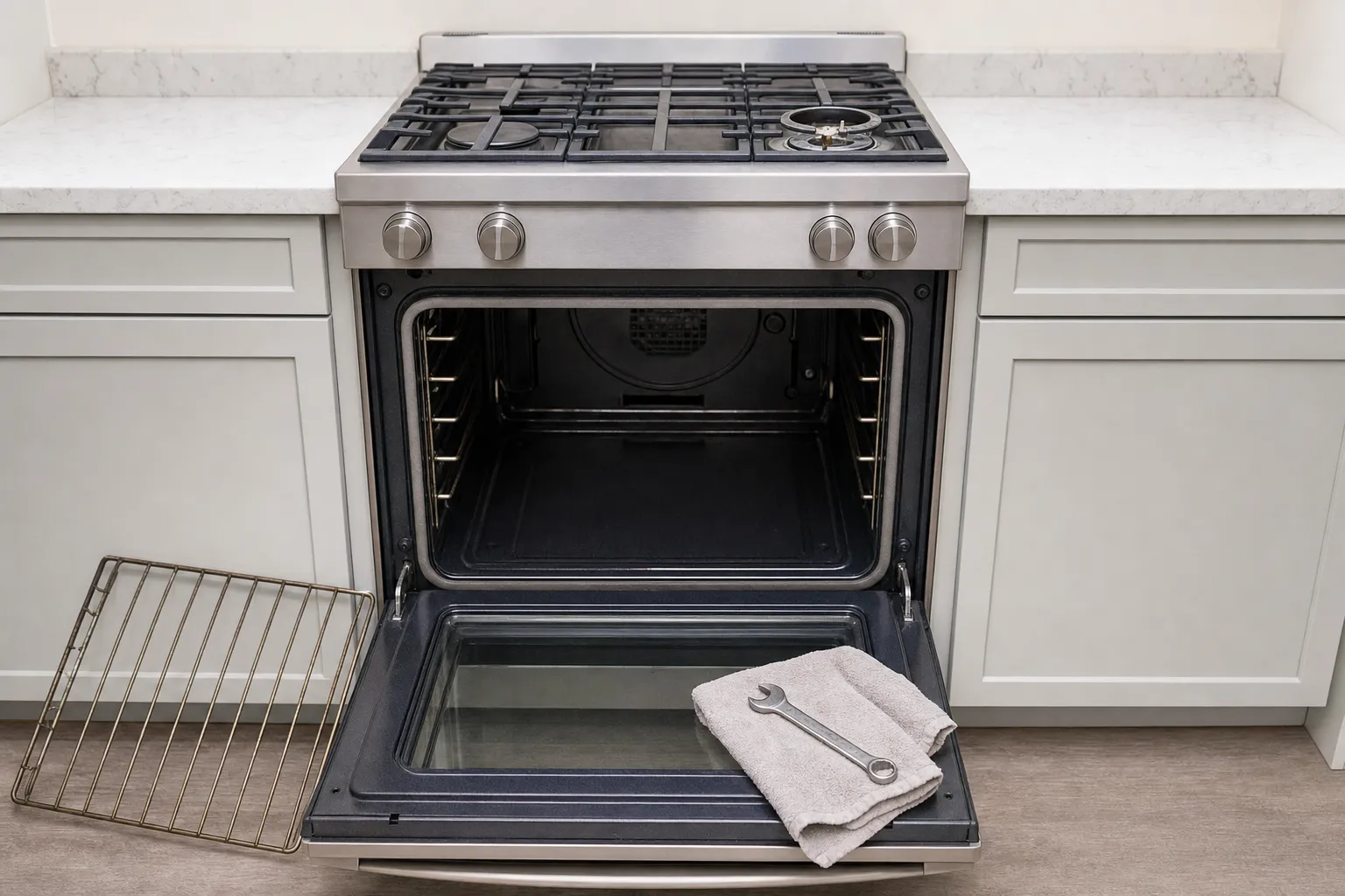 Four-knob stainless gas range between grey shaker cabinets with the oven door lowered, a towel and a wrench on the door glass and the rack leaning on the floor