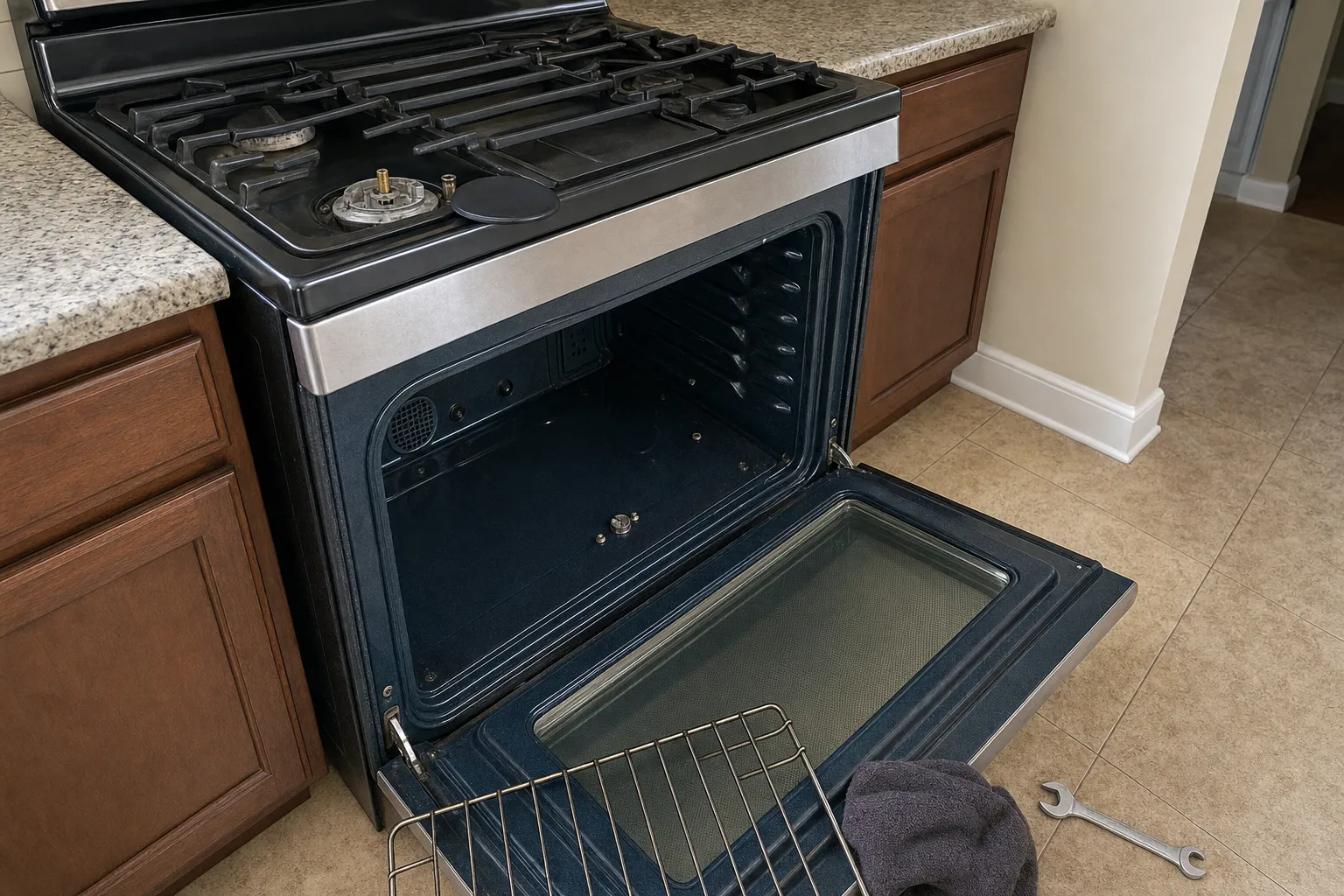 Black gas range at an angle with the oven door lowered on a cavity with a small round fitting in the floor and a vent on the side wall, the rack on the door and a wrench on the tile floor